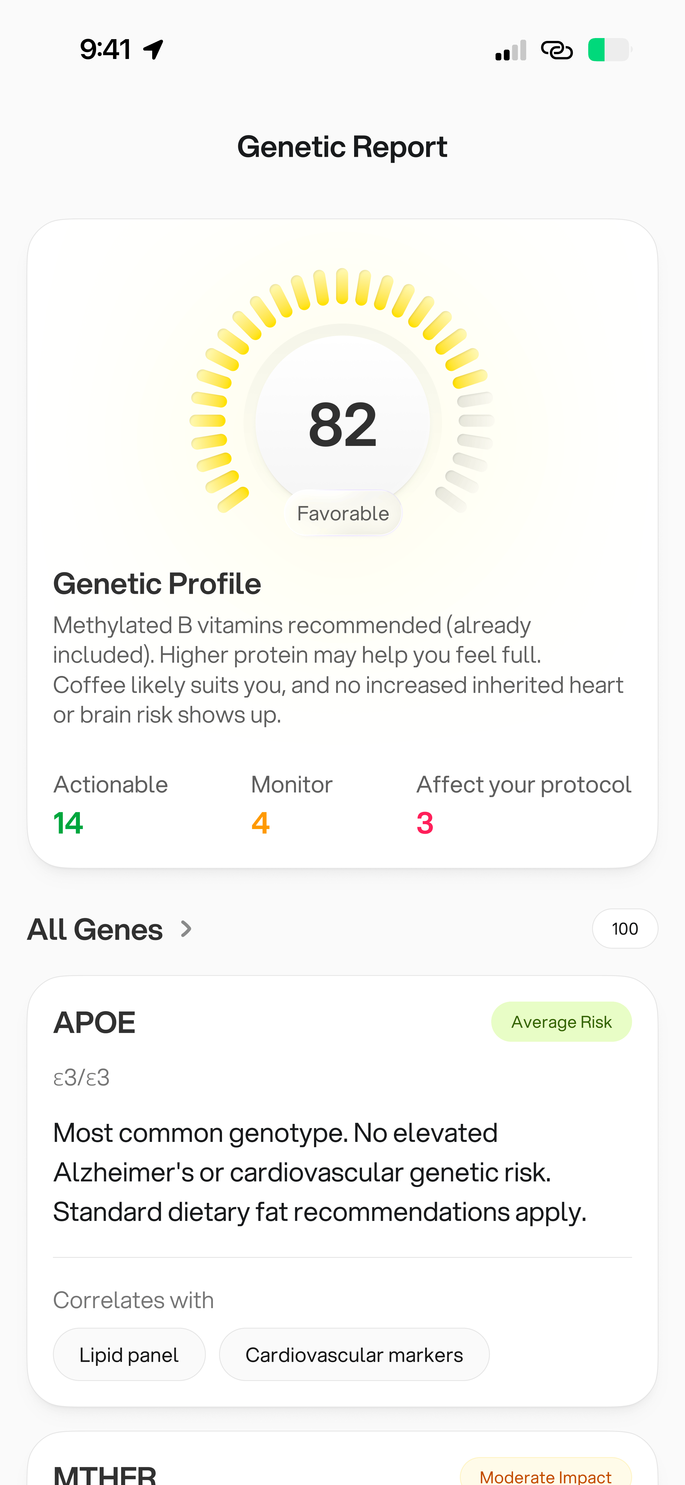 Genetic Report showing genetic profile and risk factors