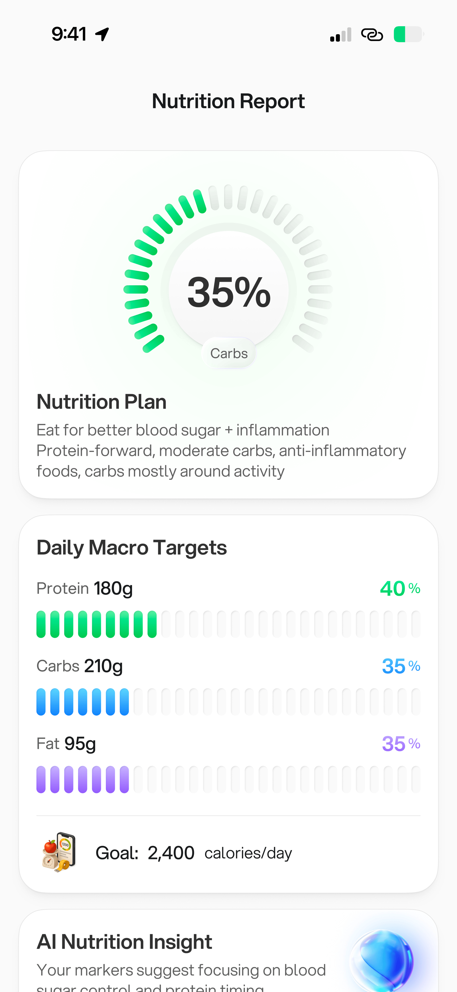 Nutrition Report showing daily macro targets and nutrition plan